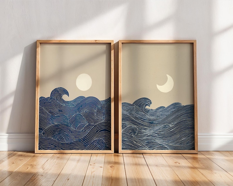 Home Office Japandi - 2pcs Japandi Minimalist Moon Crescent Canvas