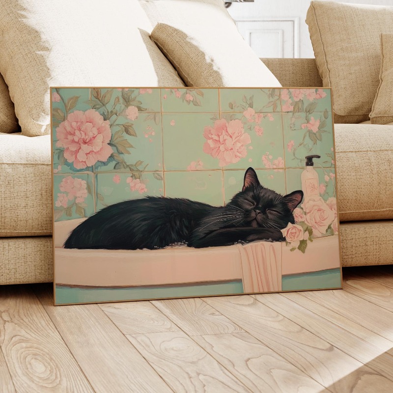 Home Office Japandi - Japanese Style Black Cat in Bathtub