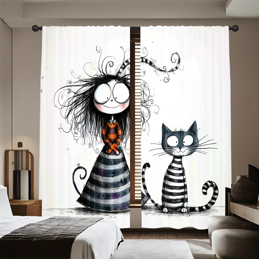 2pcs Gothic Girl and Cat Curta - Home Office Tim 评论和价格
