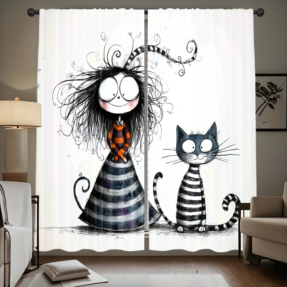 2pcs Gothic Girl and Cat Curta - Home Office Tim 评论和价格