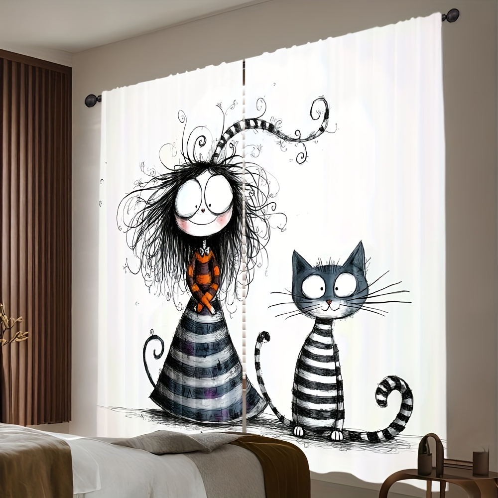 2pcs Gothic Girl and Cat Curta - Home Office Tim 评论和价格