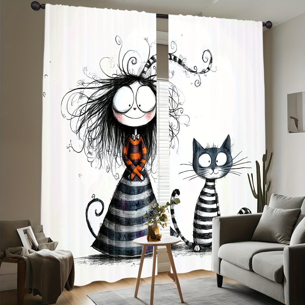 2pcs Gothic Girl and Cat Curta - Home Office Tim 评论和价格